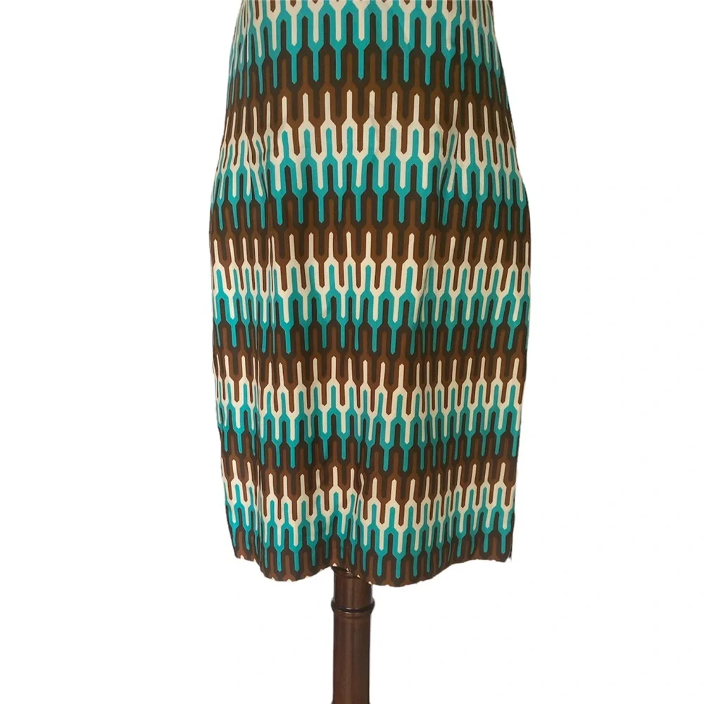 Milly of NY Silk Teal Green Brown Geometric Sheath Slip Column Dress - 6